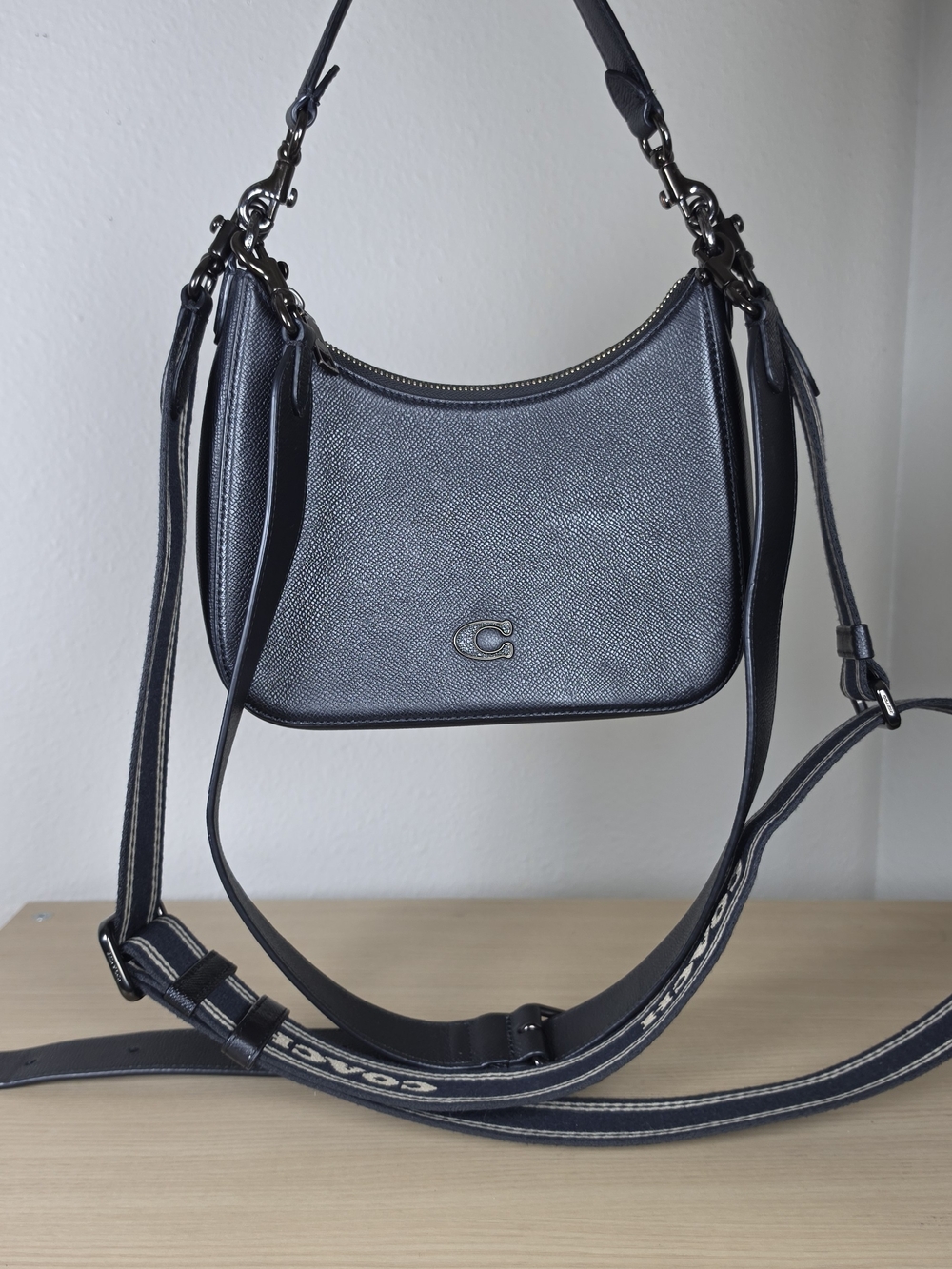 Coach Hobo Crossbody Black Crossgrain Leather 3 Straps CJ842